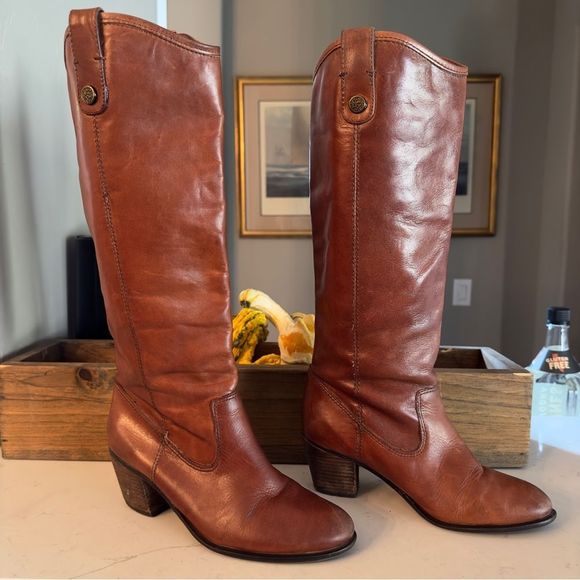 Vince Camuto Shoes - Vince Camuto | 7.5 | Brown distressed cognac leather knee high heeled boots